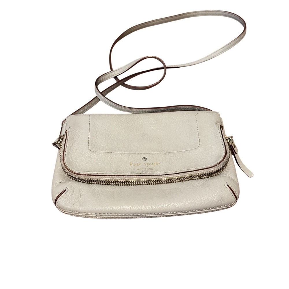 Kate Spade Crossbody Bag Pebbled Leather Gray Zipper Flap Small Preppy Chic